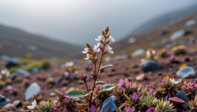 a dreamy photograph of the mountain heather (cassiope mertensiana), captured with a 50mm prime lens, f/2