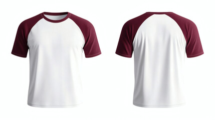 Plain White body and maroon raglan short sleeve t-shirt 3D mockup showcasing front and back views for apparel design presentation on white background