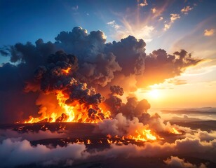 Naklejka premium Volcanic eruption at sunset