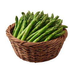 Fresh green asparagus in wicker basket isolated on white background