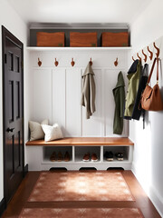 A minimalist mudroom with a bench, cubbies for shoes, and wooden hooks for hanging coats, framed by a patterned floor
