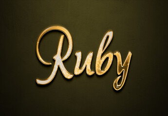 Old gold text effect of name Ruby with 3D glossy style Mockup.