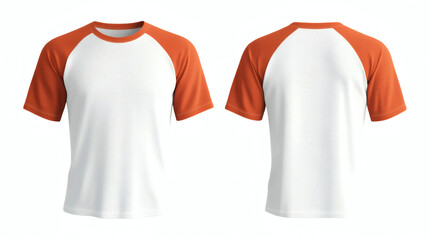 Plain White body and orange raglan short sleeve t-shirt 3D mockup showcasing front and back views for apparel design presentation on white background