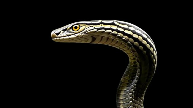 The snake seems to be looking at us against the black background of the footage