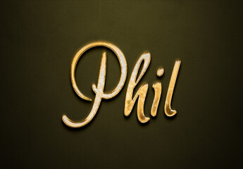 Old gold text effect of name Phil with 3D glossy style Mockup.