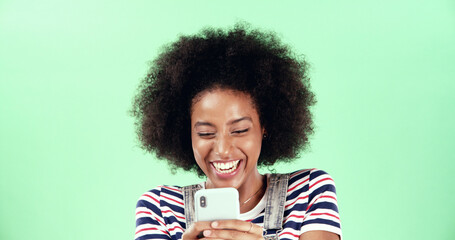 Black woman, smartphone and laughing at funny joke in studio with gossip, communication and humor...
