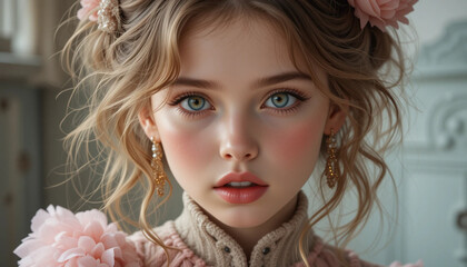 Naklejka premium Girl Portrait with Flowers and Jewelry Looking Directly at the Camera
