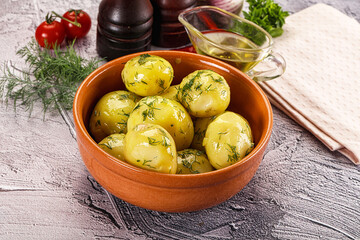 Young boiled potato with dill