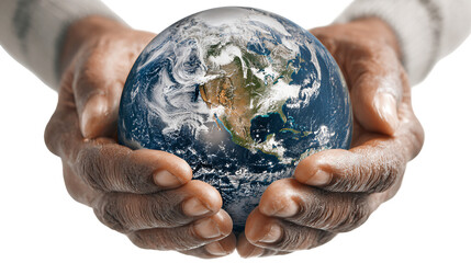 Dark Skin Hands Holding Detailed Earth Globe on Transparent Background, PNG