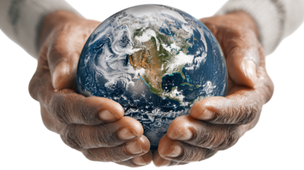 Dark Skin Hands Holding Detailed Earth Globe on Transparent Background, PNG