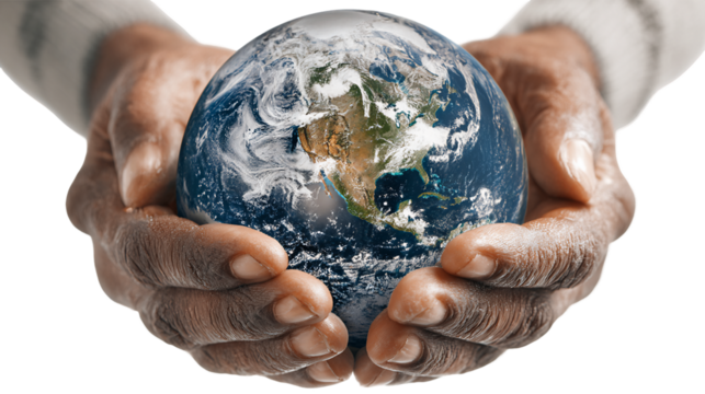 Dark Skin Hands Holding Detailed Earth Globe on Transparent Background, PNG