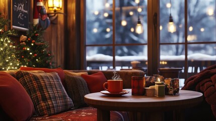 Fototapeta premium Cozy Christmas cafe with warm drinks and festive decor