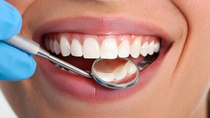 Fototapeta premium Dental checkup with mirror showing healthy white teeth