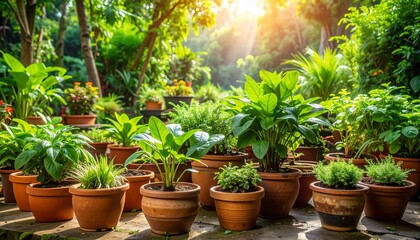 Lush basil (kemangi) plants thriving in terracotta pots under warm morning light, surrounded by turmeric and lemongrass &mdash; vibrant Indonesian herb garden scene with rich green foliage.

