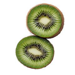 Fototapeta premium Freshly sliced kiwi fruit with vibrant green flesh and tiny black seeds, showcasing its juicy texture and unique pattern. brown fuzzy skin contrasts with bright interior