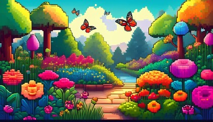 pixel art illustration of colorful garden with flowers and butterflies