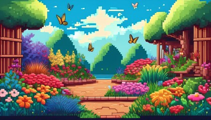 pixel art illustration of colorful garden with flowers and butterflies