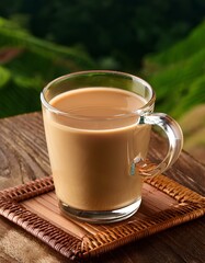 glass of cappuccino coffee on wooden table