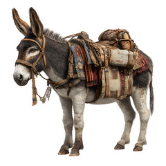 A donkey standing with a saddle and bags on its back against a black background in a studio shot