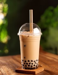 glass of coffee milk tea bubble on wooden table