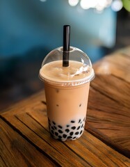 glass of coffee milk tea bubble on wooden table