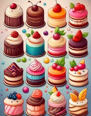 set cartoon illustration of tart cakes on white background