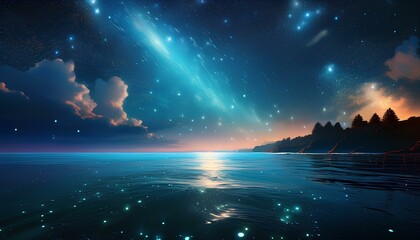 night sky with stars and clouds in the ocean