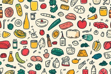 Enjoy a colorful food Pattern, Delicious And diverse meal Illustration.