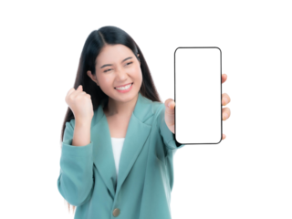 Asian woman smiling celebrating success while showing blank screen smartphone in hand, mobile application promotion, technology advertising, digital marketing , isolated on a transparent background