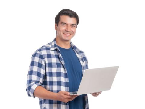 Handsome young man smiling while holding laptop computer, wearing blue checkered shirt, isolated on a transparent background, casual freelancer or student working online, remote work lifestyle concept