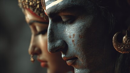 Mystical Indian Couple Portrait Divine Love Spiritual Art Face Dark Gold Blue Grey Calm Yoga Asia   