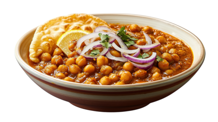 Delicious traditional Indian Chole Bhature dish in bowl isolated on transparent background