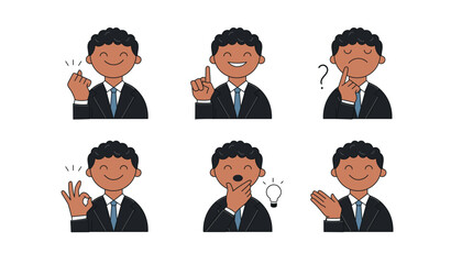Businessman character in suit showing various gestures and emotions – thinking, idea, ok, applause, smile, and finger pointing – vector set
