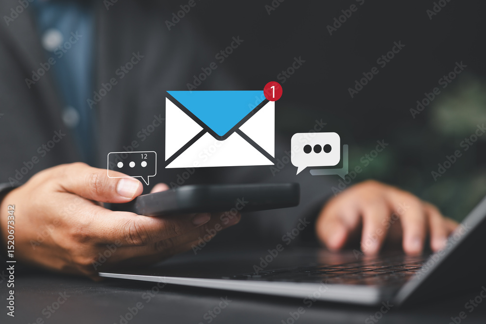 Poster businessman reading electronic mail, email marketing and newsletter concept, digital communication w