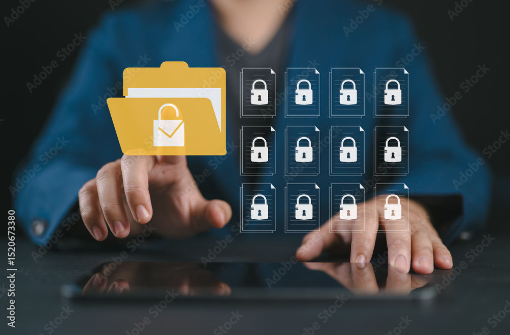 Poster Secure data management concept with businessman using tablet. Locked digital folder and documents represent cybersecurity, safe information storage and file protection, privacy policy