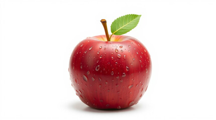 A single, perfectly round red apple with water droplets and a green leaf on its stem is centered on a pure white background.
