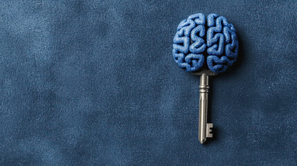 A metallic key with a brain-shaped top lies on a textured blue surface, symbolizing the concept of unlocking the mind.
