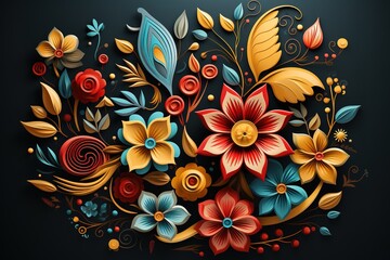 Colorful floral arrangement with stylized 3d flowers and leaves on a dark background