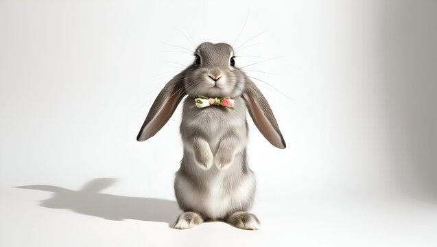 Cute and comical gray bunny with floppy ears standing upright for Easter Day on a plain white backdrop. - Powered by Adobe