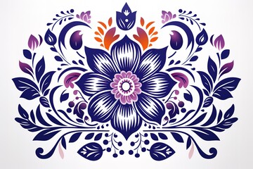 Elegant floral mandala design in navy blue and orange accents on white background
