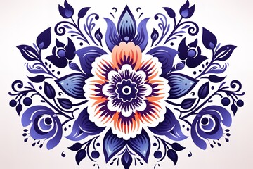 Intricate floral illustration showcasing vibrant blue and orange hues with decorative elements