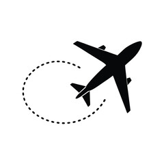 Airplane with dotted flight path vector silhouette  