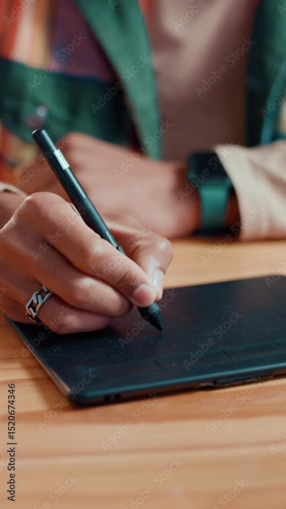 Aufkleber Drawing, tablet and graphic design on desk, hands and creative for web with digital process and app. Sketching, artist and person with tech for retouch, logo and brand designer with project in office