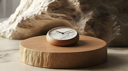 A round clock on a wooden pedestal.