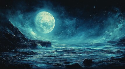 Dark Blue Night Ocean Scene with Full Moon and Stars