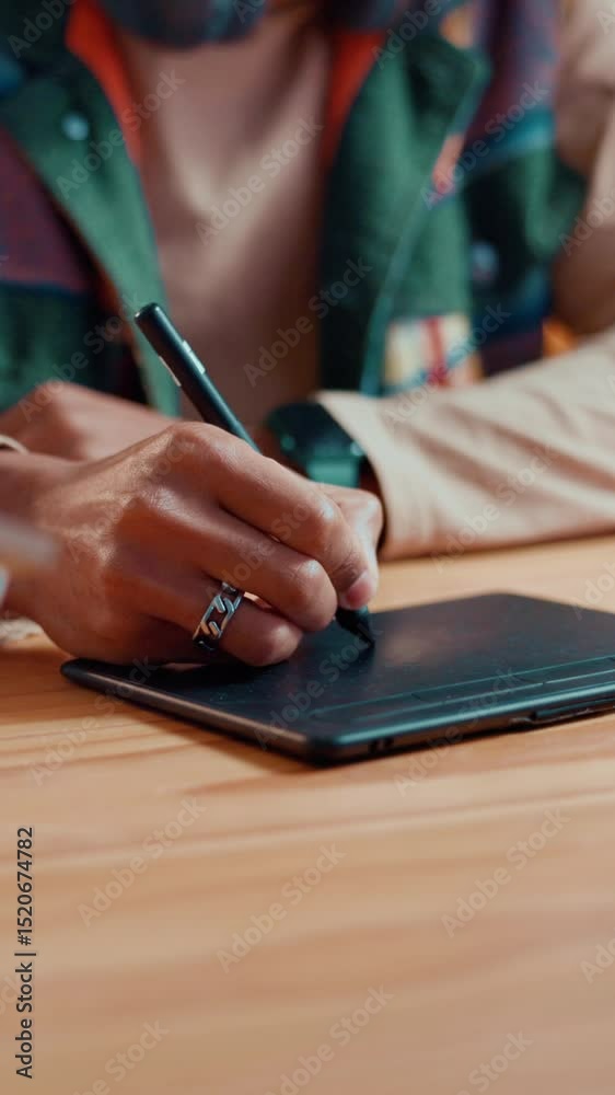 Poster Sketching, tablet and graphic design on desk, hands and creative for web with digital app or online. Drawing, artist and person with tech for retouch, process or brand designer with project in office
