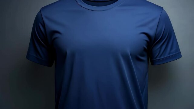 Dark Blue Tee-Shirt Spinning on Gray Background.  Round Neckline Shirt with Short Sleeves Rotating Slowly. Cotton Fashion Apparel.