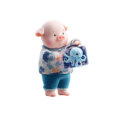 Adorable 3D Rendered Piglet Holding a Suitcase with an Octopus