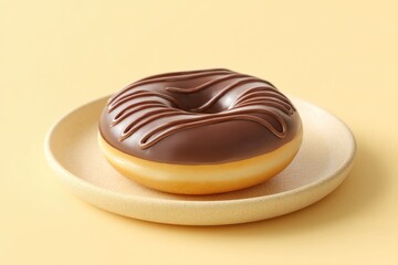 Chocolate glazed donut on simple plate against pastel background