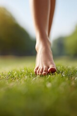 Barefoot steps on fresh grass symbolize connection to nature and